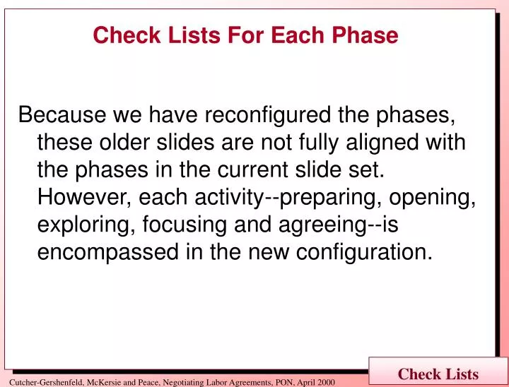 check lists for each phase