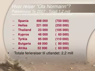Hvor reiser &quot;Ola Normann&quot;? Pakkereiser fly 2007 - Totalt 1,2 mill Registrert av Reisebransjeseksjonen i HSH. I