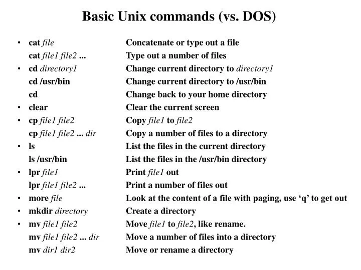 basic unix commands vs dos