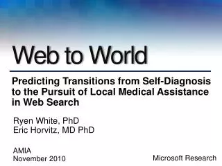 Ryen White, PhD Eric Horvitz, MD PhD AMIA November 2010