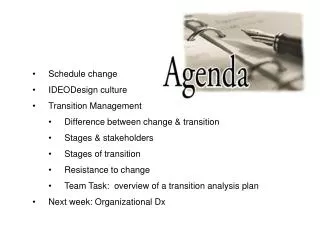 Schedule change IDEODesign culture Transition Management Difference between change &amp; transition Stages &amp; stakeho