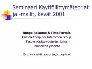 Seminaari Käyttöliittymäteoriat ja -mallit, kevät 2001