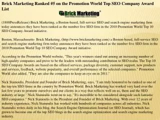 Brick Marketing Ranked #5 on the Promotion World Top SEO Com