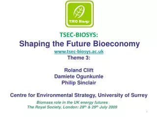 T SEC-BIOSYS: Shaping the Future Bioeconomy www.tsec-biosys.ac.uk Theme 3: Roland Clift Damiete Ogunkunle Philip Sincl