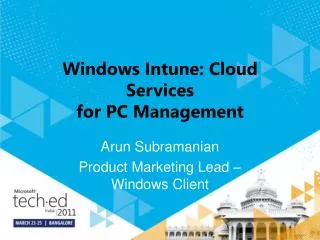 Windows Intune : Cloud Services for PC Management