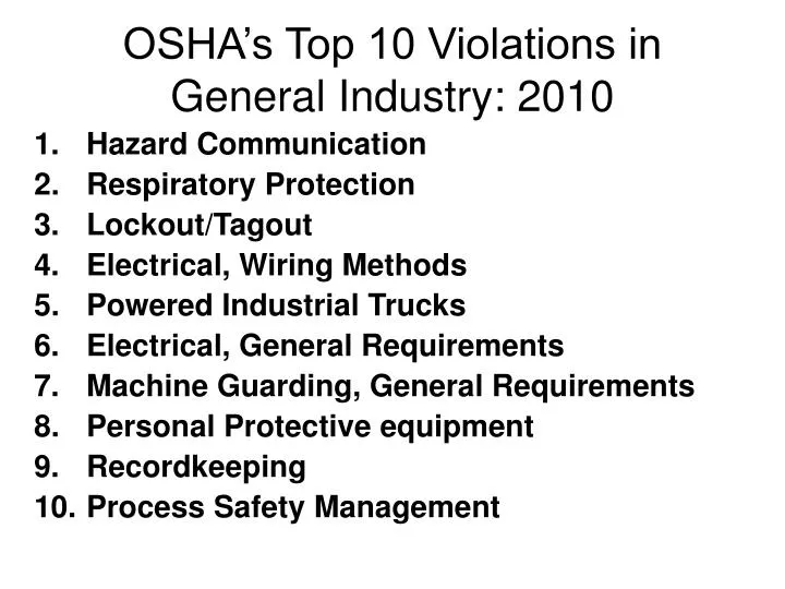 osha s top 10 violations in general industry 2010