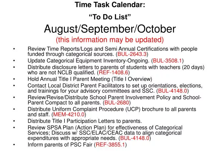 time task calendar to do list august september october this information may be updated