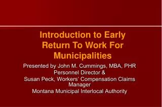 Introduction to Early Return To Work For Municipalities
