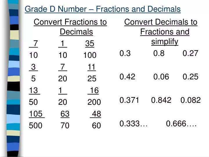 grade d number fractions and decimals