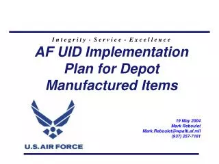 AF UID Implementation Plan for Depot Manufactured Items