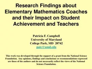 Research Findings about Elementary Mathematics Coaches and their Impact on Student Achievement and Teachers