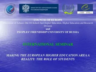 COUNCIL OF EUROPE Directorate of School, Out-Of-School And Higher Education, Higher Education and Research Division and