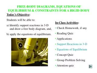 FREE-BODY DIAGRAMS, EQUATIONS OF EQUILIBRIUM &amp; CONSTRAINTS FOR A RIGID BODY