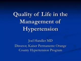 Quality of Life in the Management of Hypertension