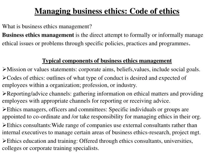 managing business ethics code of ethics