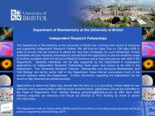 Department of Biochemistry at the University of Bristol Independent Research Fellowships