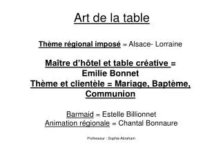 Art de la table Thème régional imposé = Alsace- Lorraine