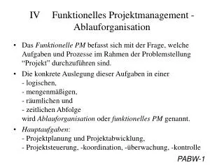 IV	Funktionelles Projektmanagement - Ablauforganisation