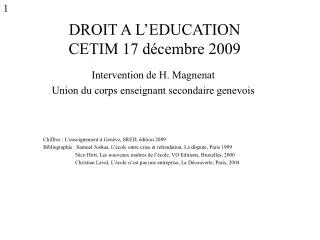 DROIT A L’EDUCATION CETIM 17 décembre 2009