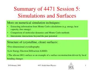 Summary of 4471 Session 5: Simulations and Surfaces