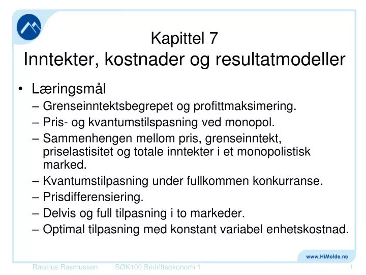 kapittel 7 inntekter kostnader og resultatmodeller