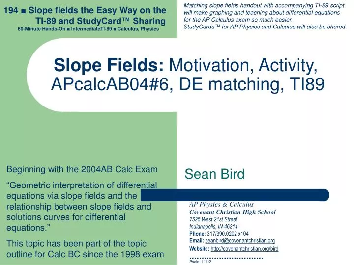 slope fields motivation activity apcalcab04 6 de matching ti89