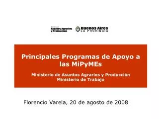 Principales Programas de Apoyo a las MiPyMEs Ministerio de Asuntos Agrarios y Producción Ministerio de Trabajo