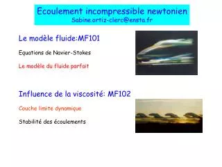 Le modèle fluide:MF101 Equations de Navier-Stokes Le modèle du fluide parfait Influence de la viscosité: MF102 Couche l