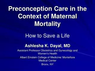 Preconception Care in the Context of Maternal Mortality