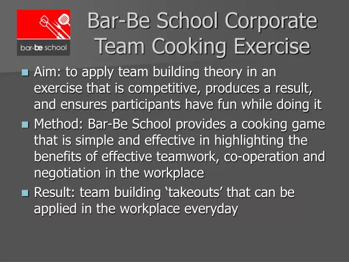 bar be school corporate team cooking exercise