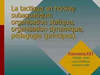 La tactique en hockey subaquatique: organisation statique, organisation dynamique, pédagogie (principes).