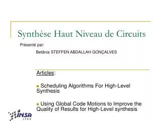 Synthèse Haut Niveau de Circuits