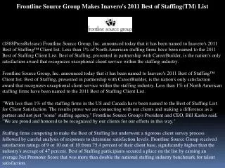 Frontline Source Group Makes Inavero's 2011 Best of Staffing