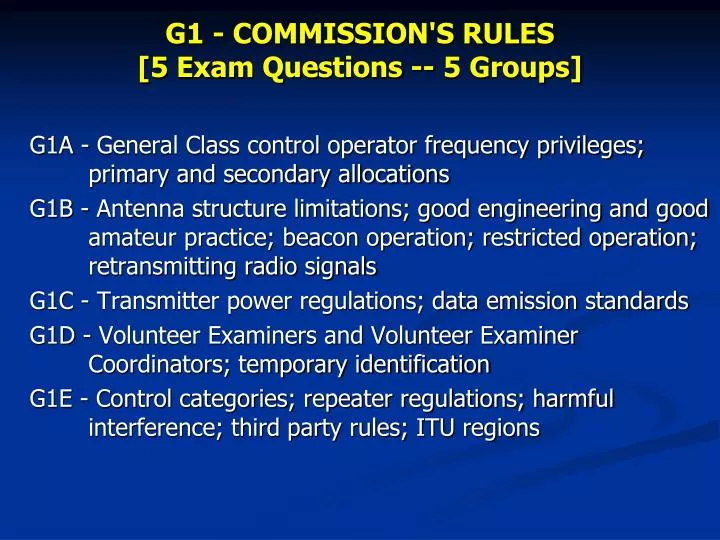 g1 commission s rules 5 exam questions 5 groups