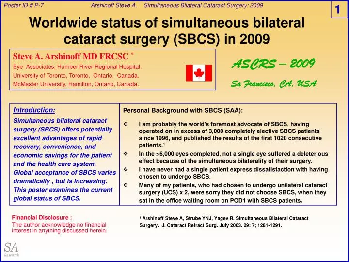 worldwide status of simultaneous bilateral cataract surgery sbcs in 2009