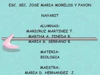 ESC. SEC. JOSE MARIA MORELOS Y PAVON NAYARIT ALUMNAS: MARICRUZ MARTINEZ T. MARTHA A. PINEDA R. MARIA G. SERRANO B. MATER