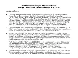 Visionen und Lösungen möglich machen Energie Deutschland / Metropole Ruhr 2020 - 2050