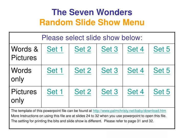 the seven wonders random slide show menu