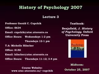 History of Psychology 2007 Lecture 3