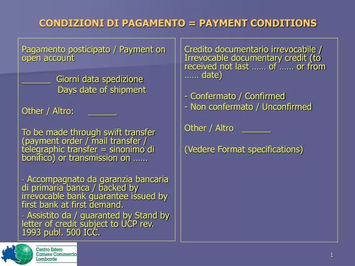 condizioni di pagamento payment conditions