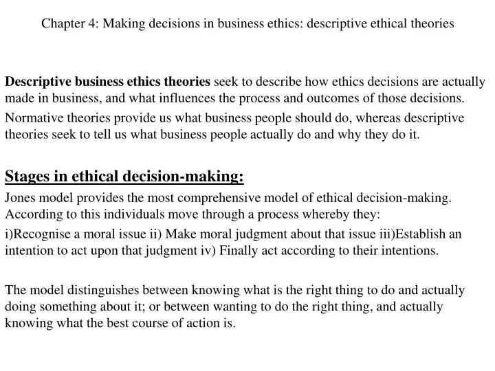 chapter 4 making decisions in business ethics descriptive ethical theories