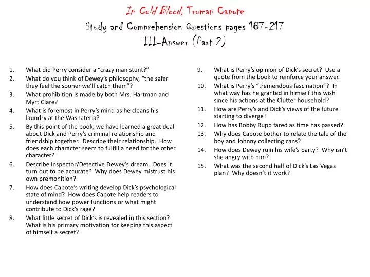 in cold blood truman capote study and comprehension questions pages 187 217 iii answer part 2