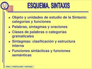 Objeto y unidades de estudio de la Sintaxis: categorías y funciones Palabras, sintagmas y oraciones Clases de palabras o