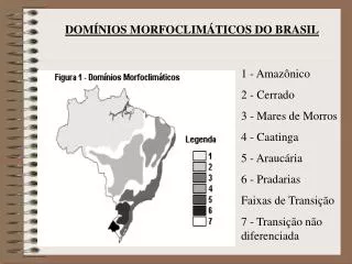 1 - Amazônico 2 - Cerrado 3 - Mares de Morros 4 - Caatinga 5 - Araucária 6 - Pradarias Faixas de Transição 7 - Transição