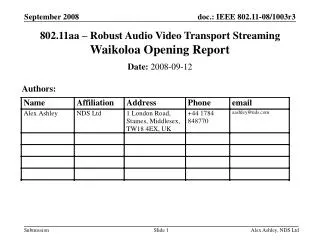 802.11aa – Robust Audio Video Transport Streaming Waikoloa Opening Report