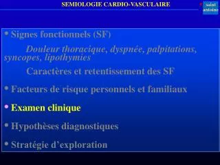 • Signes fonctionnels (SF) Douleur thoracique, dyspnée, palpitations, syncopes, lipothymies 	Caractères et retentisseme