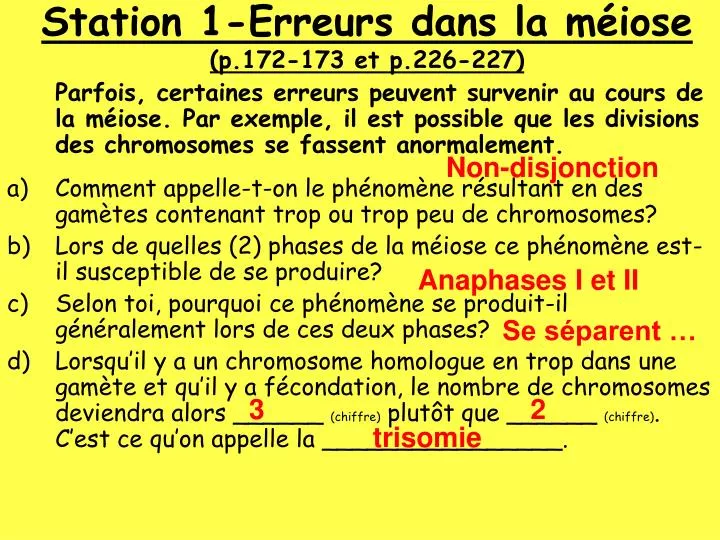 station 1 erreurs dans la m iose p 172 173 et p 226 227