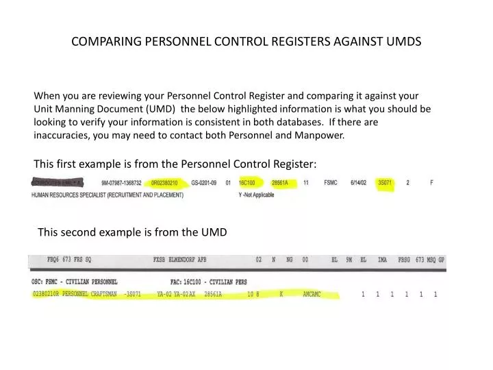 comparing personnel control registers against umds