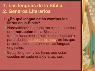1. Las lenguas de la Biblia 2. Generos Literarios