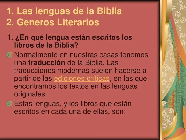 1 las lenguas de la biblia 2 generos literarios